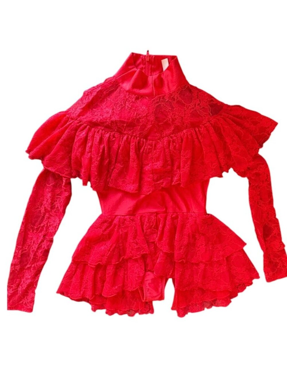 Vibrant Red Lace Ruffle Bodysuit Romantic Goth Coquette Foreplay NWOT Size XS/S